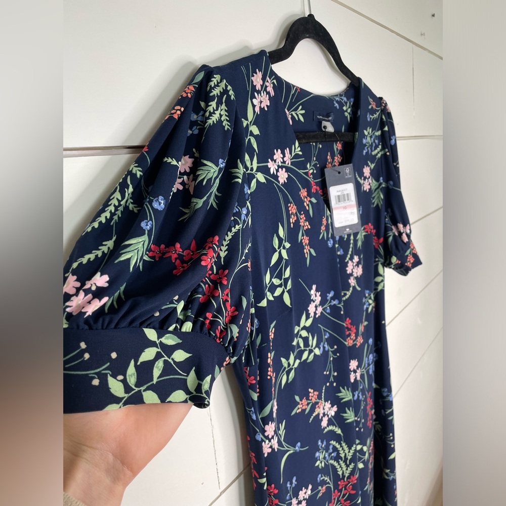 Tommy Hilfiger A-Line Dress 10 NWT Navy Blue Dark Floral Stretch Puff Sleeve - Picture 6 of 9